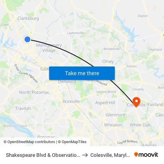 Shakespeare Blvd & Observation Dr to Colesville, Maryland map