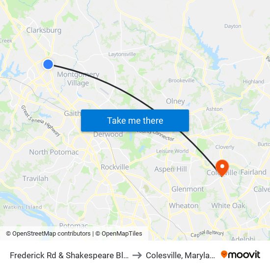 Frederick Rd & Shakespeare Blvd to Colesville, Maryland map