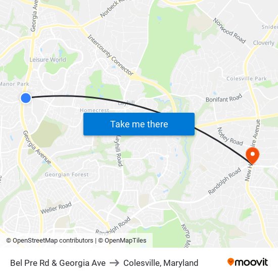 Bel Pre Rd & Georgia Ave to Colesville, Maryland map