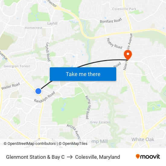 Glenmont Station & Bay C to Colesville, Maryland map