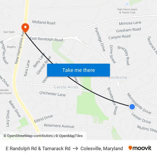 E Randolph Rd & Tamarack Rd to Colesville, Maryland map