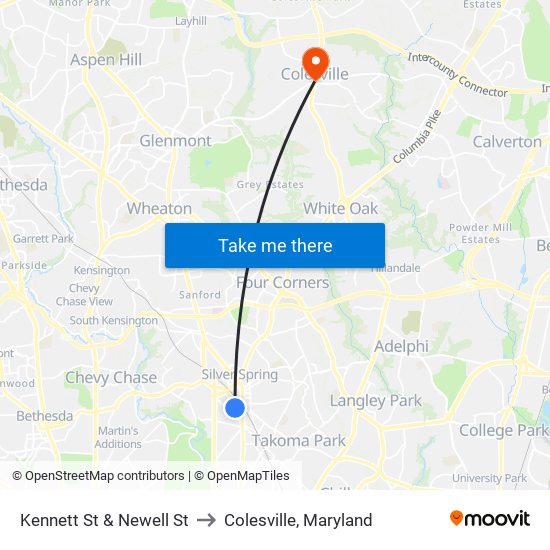 Kennett St & Newell St to Colesville, Maryland map