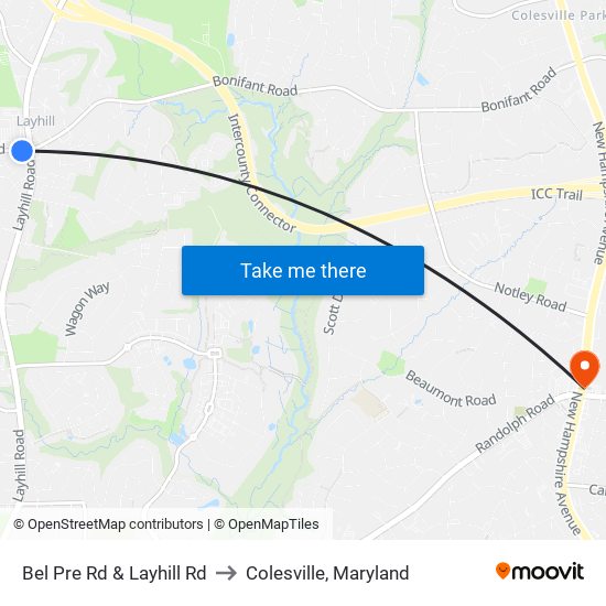 Bel Pre Rd & Layhill Rd to Colesville, Maryland map