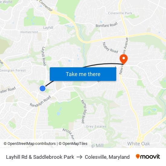 Layhill Rd & Saddlebrook Park to Colesville, Maryland map