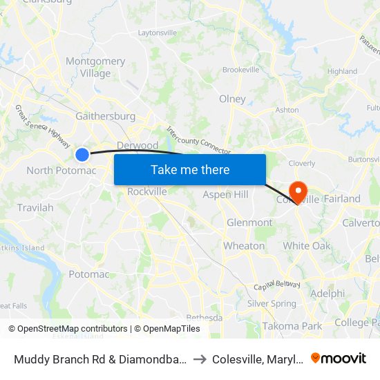 Muddy Branch Rd & Diamondback Dr to Colesville, Maryland map