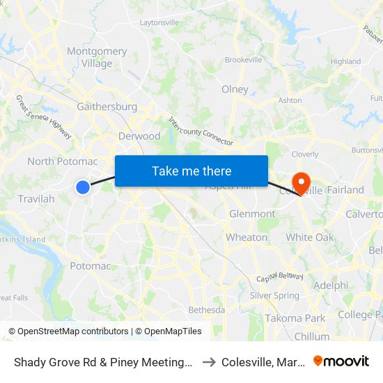 Shady Grove Rd & Piney Meetinghouse Rd to Colesville, Maryland map