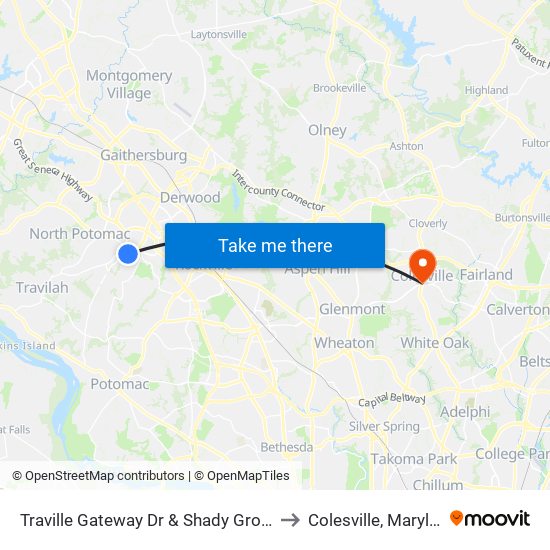 Traville Gateway Dr & Shady Grove Rd to Colesville, Maryland map