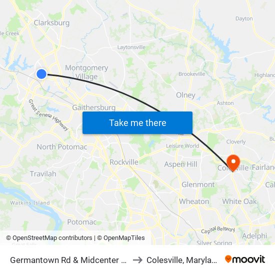 Germantown Rd & Midcenter Ct to Colesville, Maryland map