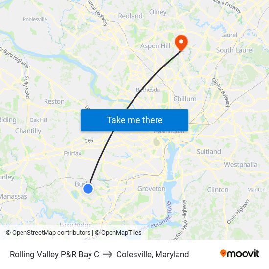 Rolling Valley P&R Bay C to Colesville, Maryland map
