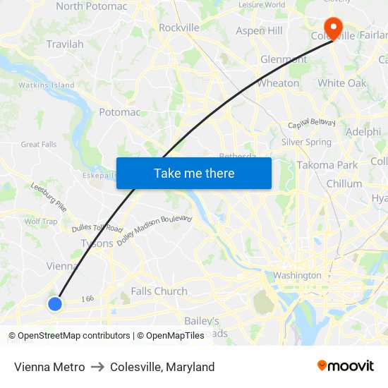 Vienna Metro to Colesville, Maryland map