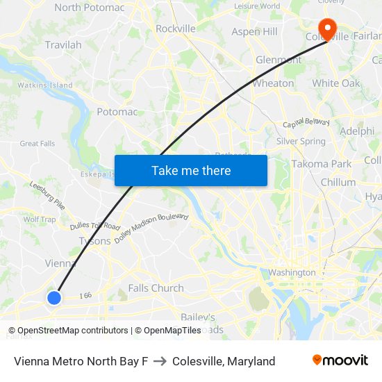 Vienna Metro North Bay F to Colesville, Maryland map