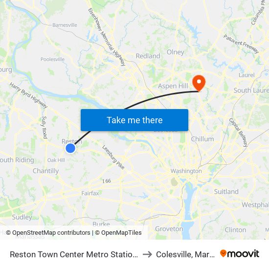 Reston Town Center Metro Station S Bay B to Colesville, Maryland map