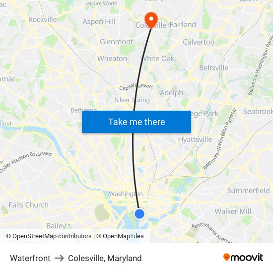 Waterfront to Colesville, Maryland map