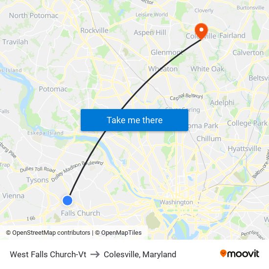 West Falls Church-Vt to Colesville, Maryland map