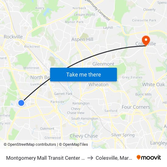 Montgomery Mall Transit Center & Bay D to Colesville, Maryland map