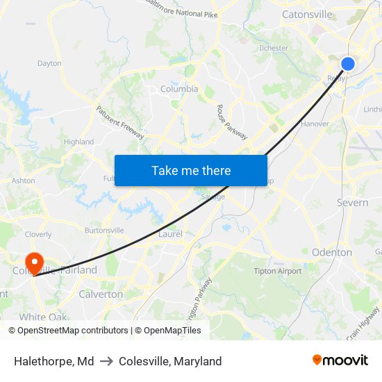 Halethorpe, Md to Colesville, Maryland map