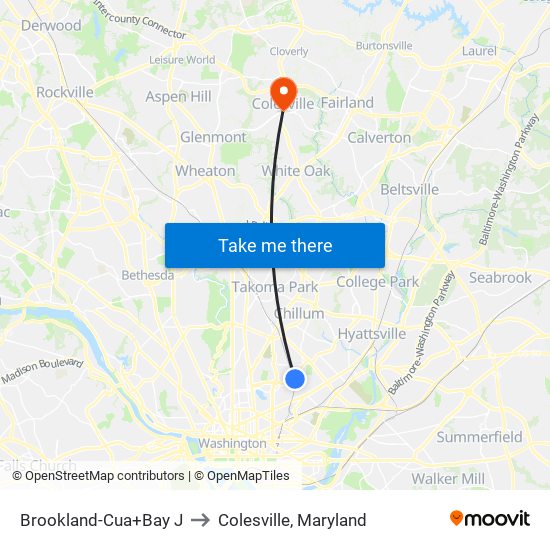 Brookland-Cua+Bay J to Colesville, Maryland map