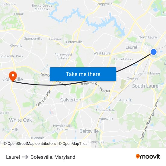 Laurel to Colesville, Maryland map