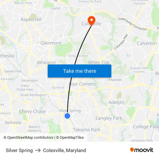 Silver Spring to Colesville, Maryland map