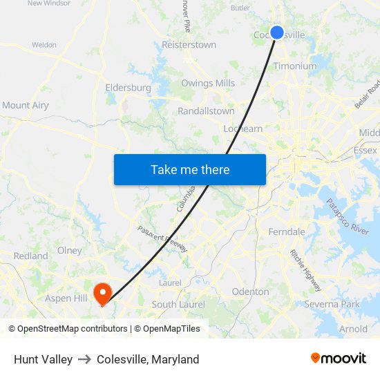 Hunt Valley to Colesville, Maryland map