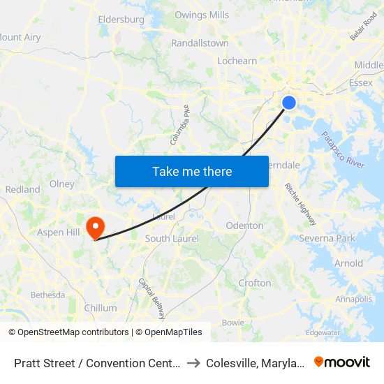 Pratt Street / Convention Center to Colesville, Maryland map