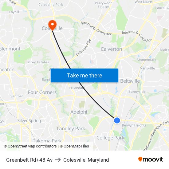 Greenbelt Rd+48 Av to Colesville, Maryland map