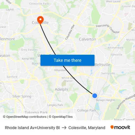 Rhode Island Av+University Bl to Colesville, Maryland map