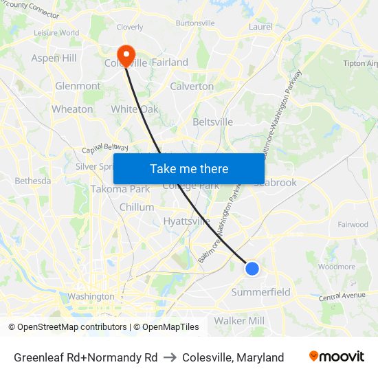Greenleaf Rd+Normandy Rd to Colesville, Maryland map