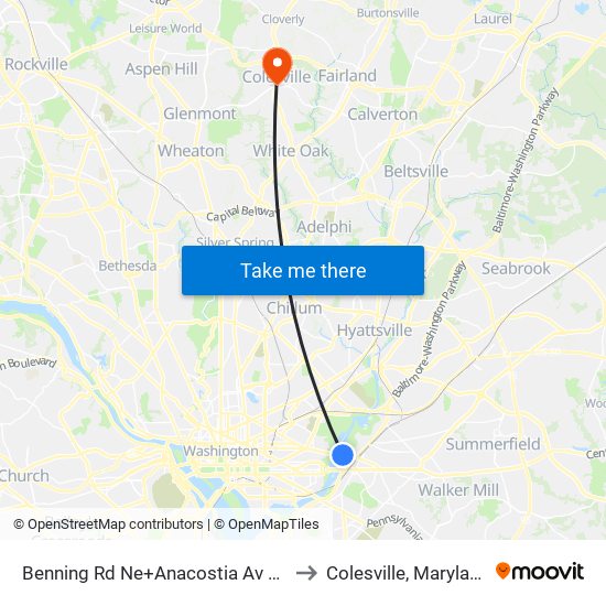 Benning Rd Ne+Anacostia Av NE to Colesville, Maryland map