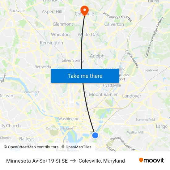 Minnesota Av Se+19 St SE to Colesville, Maryland map