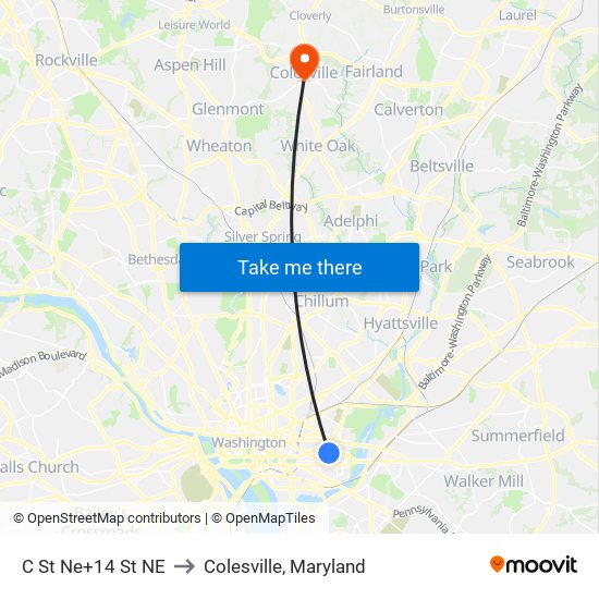 C St Ne+14 St NE to Colesville, Maryland map