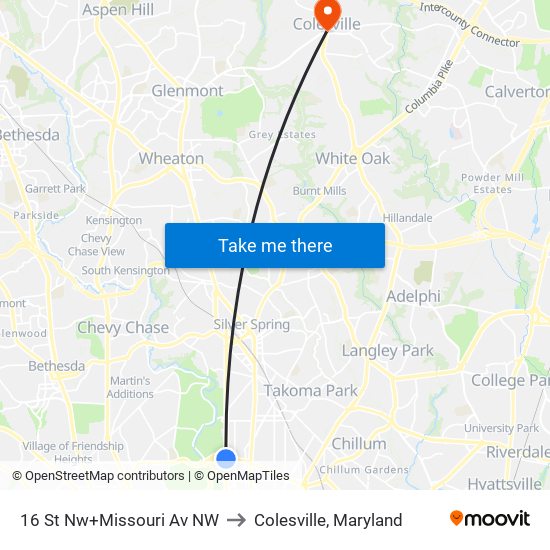 16 St Nw+Missouri Av NW to Colesville, Maryland map