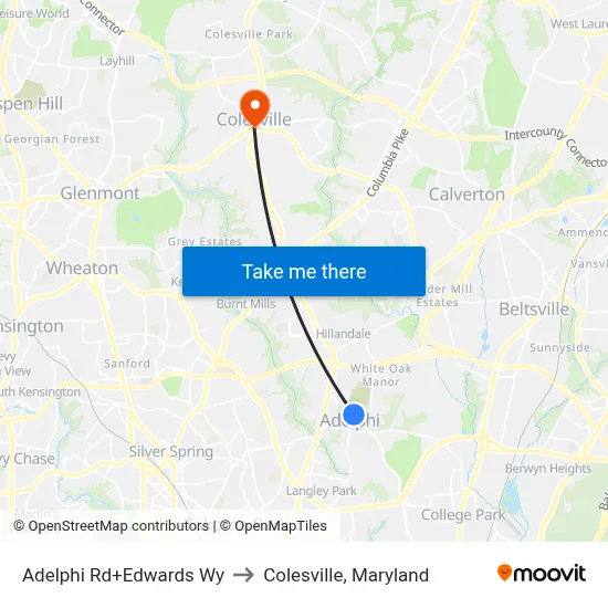Adelphi Rd+Edwards Wy to Colesville, Maryland map
