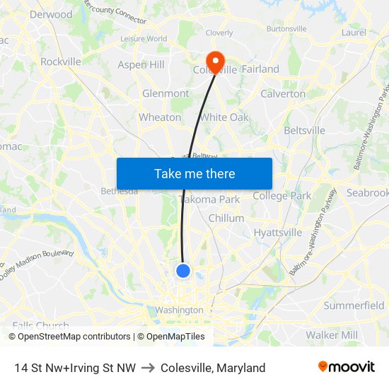 14 St Nw+Irving St NW to Colesville, Maryland map