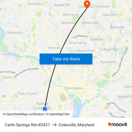 Carlin Springs Rd+#3421 to Colesville, Maryland map
