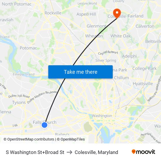 S Washington St+Broad St to Colesville, Maryland map