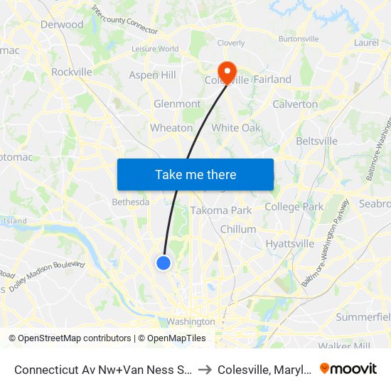 Connecticut Av Nw+Van Ness St NW to Colesville, Maryland map