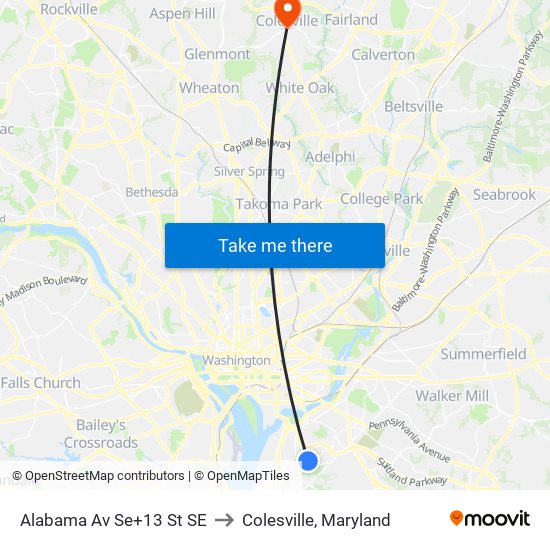 Alabama Av Se+13 St SE to Colesville, Maryland map
