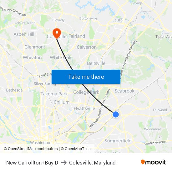 New Carrollton+Bay D to Colesville, Maryland map