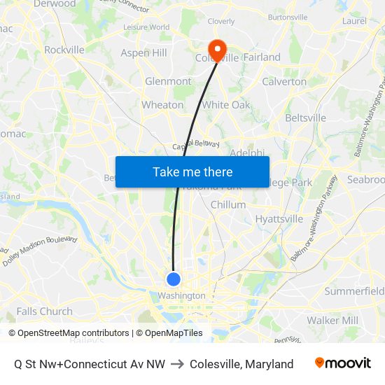 Q St Nw+Connecticut Av NW to Colesville, Maryland map