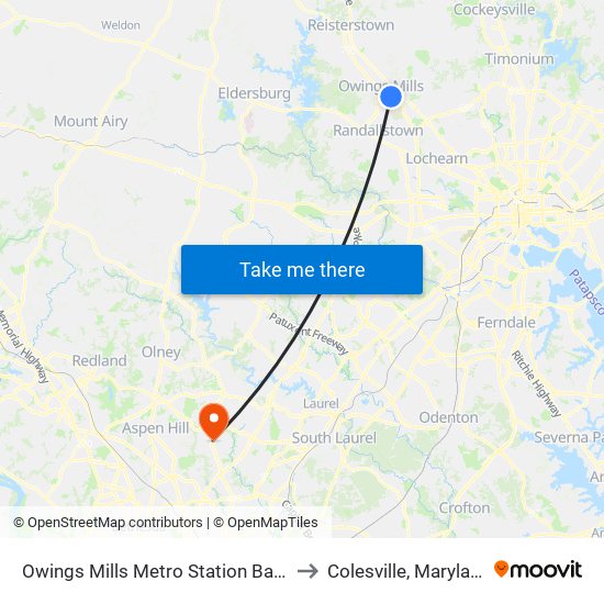 Owings Mills Metro Station Bay 3 to Colesville, Maryland map