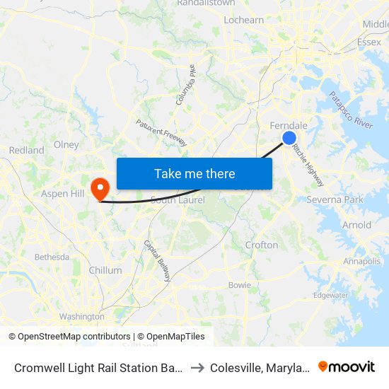 Cromwell Light Rail Station Bay 1 to Colesville, Maryland map