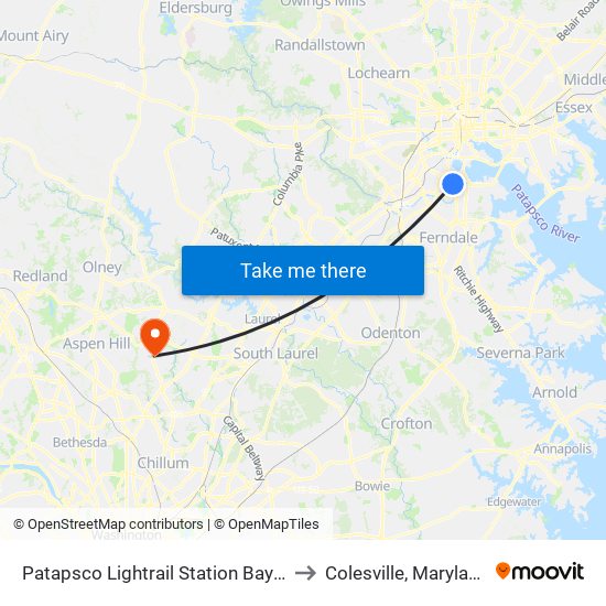 Patapsco Lightrail Station Bay 4 to Colesville, Maryland map