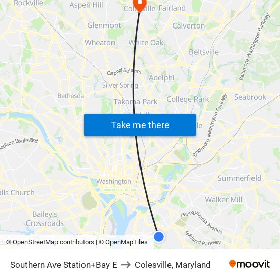 Southern Ave Station+Bay E to Colesville, Maryland map