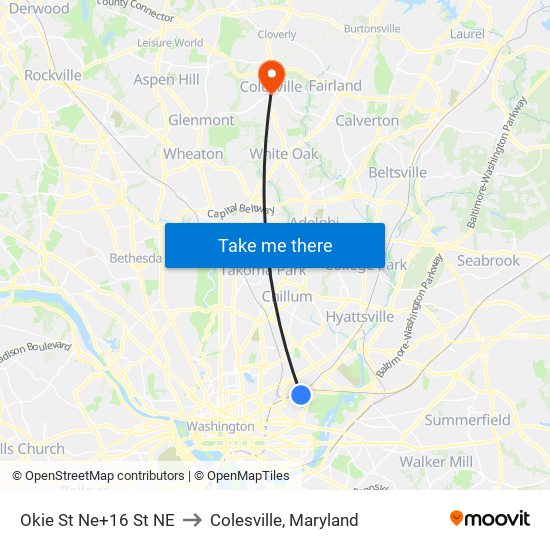 Okie St Ne+16 St NE to Colesville, Maryland map