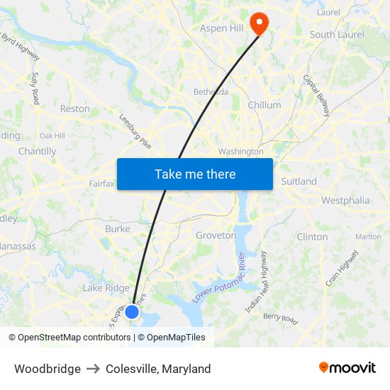 Woodbridge to Colesville, Maryland map