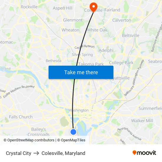 Crystal City to Colesville, Maryland map
