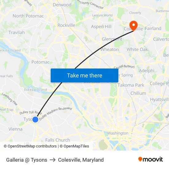 Galleria And Tysons to Colesville, Maryland map