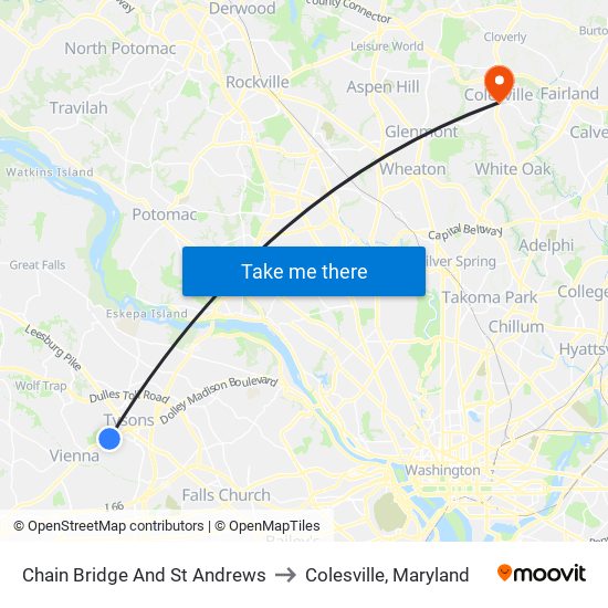 Chain Bridge And St Andrews to Colesville, Maryland map