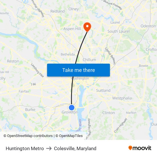 Huntington Metro to Colesville, Maryland map